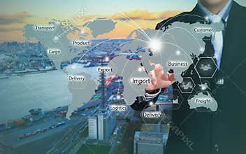 Businessman pressing logistics button on virtual screens