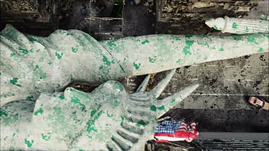Apocalypse of USA, America. Aerial View of the destroyed New York city, Statue of liberty. Apocalypse concept. Super