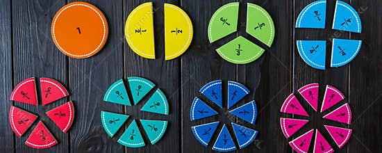 Colorful math fractions on the workbook. interesting math for kids. education, back to school