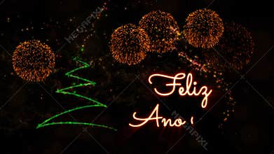 Happy New Year' text in Spanish 'Feliz Ano Nuevo' animation with pine tree and fireworks