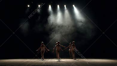 Little cute girls dancing ballet on theater stage on black background in smoke.