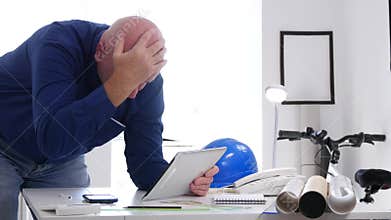 Upset engineer gesticulate disappointed after reading bad news on tablet