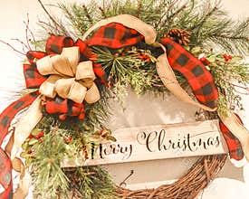 Merry Christmas Wreath With Red Plaid Bows