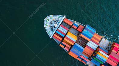 Aerial view container cargo ship, business freight shipping international by container cargo ship in the open sea.