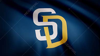 USA - NEW YORK, 12 August 2018: Waving flag with San Diego Padres professional team logo. Close-up of waving flag with