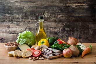 Healthy eating. Mediterranean diet. Fruit,vegetables, grain, nuts olive oil and fish