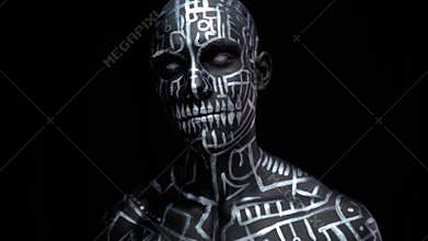 Bright lines and symbols on the body and face of the man, 4k