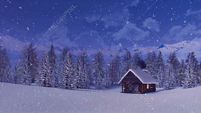 Solitary mountain house at snowfall winter night 4K