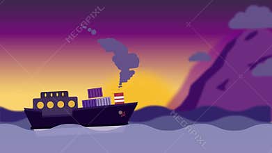 Cargo ship carries containers across the ocean.