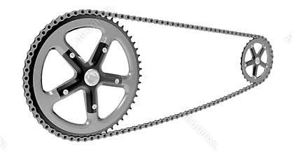 Bicycle chain with gears in motion, animation. 3D rendering