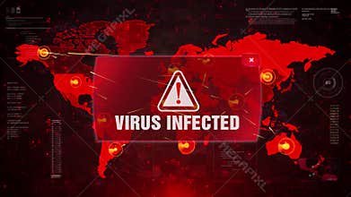 Virus Infected Alert Warning Attack on Screen World Map.