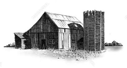Pencil Drawing of Old Barn and Silo