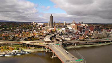 Static Shot Aerial View Albany New York downtown skyline highway traffic