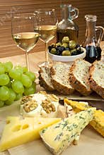 Cheese, White Wine, Grapes, Olives, Bread