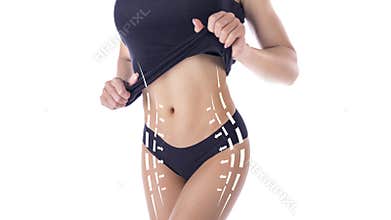 Female body in white slimming underwear with arrows isolated on white baskground.