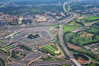 Aerial view of the United States Pentagon, the Department of Defense headquarters in Arlington, Virginia, near Washington DC, with