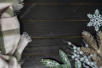 Cozy winter Christmas holiday background with pink green plaid blanket and silver rose gold accents