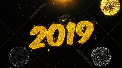Happy new year 2019 text Sparks Particles Reveal from Golden Firework Display