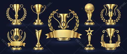 Golden trophy. Realistic champion award, contest winner prizes with laurel shapes, 3d awards banner. Vector golden cup
