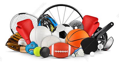Huge collection stack of sport balls gear equipment from various sports isolated white background