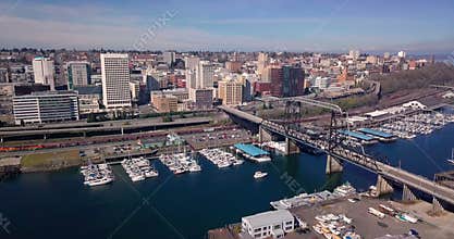 Moving in towards the Tacoma Washington skyline and waterfront
