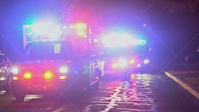 Sayreville NJ USA APRIL 01 2019, Ambulance rides with the flashing light the night housing community development street