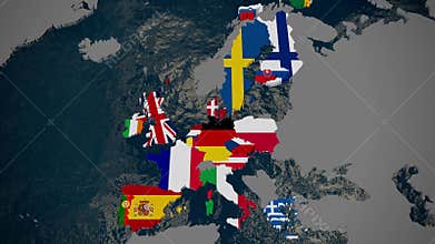 Map of Europe, member countries fall into place by join date, flags, 3D