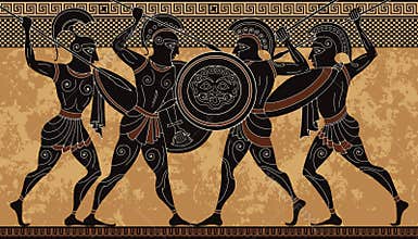 Ancient greece warrior.Black figure pottery.Ancient greek scene