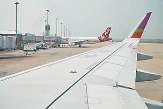 Vientiane, Laos - 2019-03-02: The Wing Thai Smile Airways Parked in Wattay International Airport.