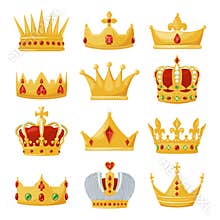 Gold royal crowns set, monarchy and authority symbol