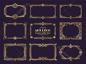 Art deco borders set. Golden 1920s frames, nouveau luxury geometric style, abstract vintage ornament. Vector art deco