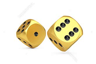 Casino Gambling Concept. Gold Game Dice Cubes in Flight. 3d Rendering