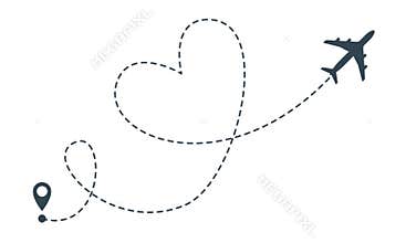 Heart airplane route. Vector airplane heart flight location pin, travel and delivery icon