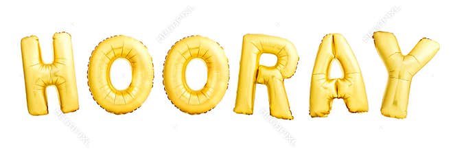 Hooray word made of golden inflatable balloons isolated on white