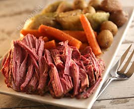 Boiled dinner of corned beef, carrots, cabbage and potatoes