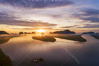 Landscape nature view, Beautiful light sunrise over mountains in thailand Aerial view Drone shot