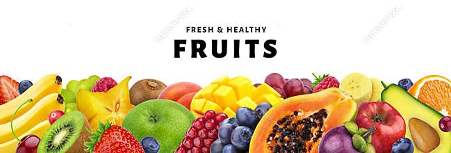 Assortment of exotic fruits isolated on white background with copy space, fresh and healthy fruits and berries close-up