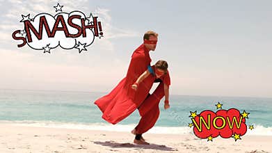 Dad playing with his son at the beach surrounded by cartoon writing