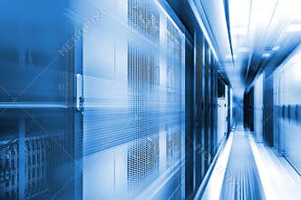 Concept of high-speed computing of modern computing technologies and data centers. Server room with flow tracers on top