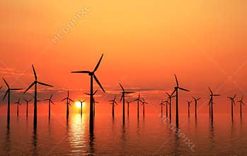 Coastal wind turbines sunset
