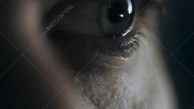 Macro shot of a man`s eye being depressed and tired. Drinking strong alcohol from bottle in loneliness and depression