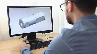 Engineer, constructor, designer in glasses working on a personal computer. He is creating, designing a new 3 d model of helicopter