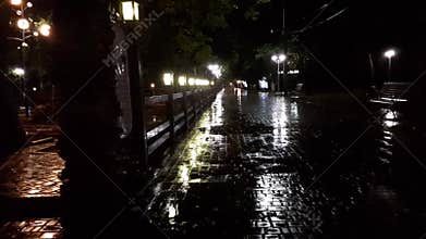 Rainy evening in park. rainy night, strong rain falls, dark landscape with rain,Beauty of street lights in night after