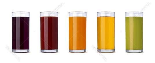Fresh vegetable and fruit juice in glass isolated on white background with clipping path
