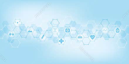 Healthcare and medical background with flat icons and symbols. Science, medicine and innovation technology concept.