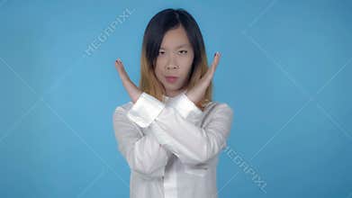 Beautiful korean female shows sign never