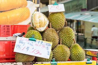 Durians sold in a street shop in Singapore
