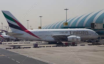 Emirates A380 docked at Dubai Airport