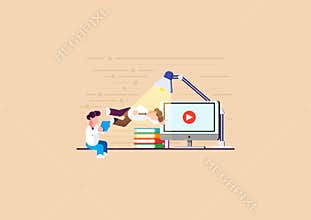 Men is engaged in online learning. Men is engaged in analytics. Holding a tablet. Modern vector illustration. - Vector