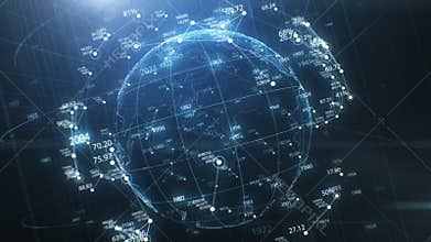 Earth Globe Hologram Spinning Seamless, Network Growing and Numbers Around. Abstract Beautiful Looped 3d Animation